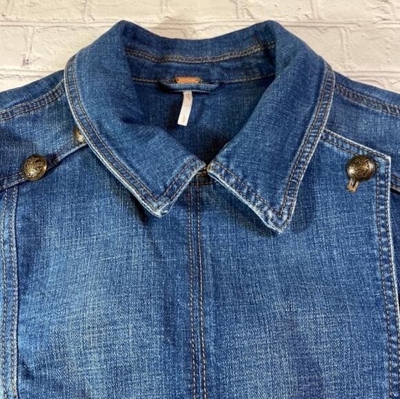 Free People Military Band Denim Jacket in Vintage Blue Moto Jacket Size XS - Picture 7 of 15